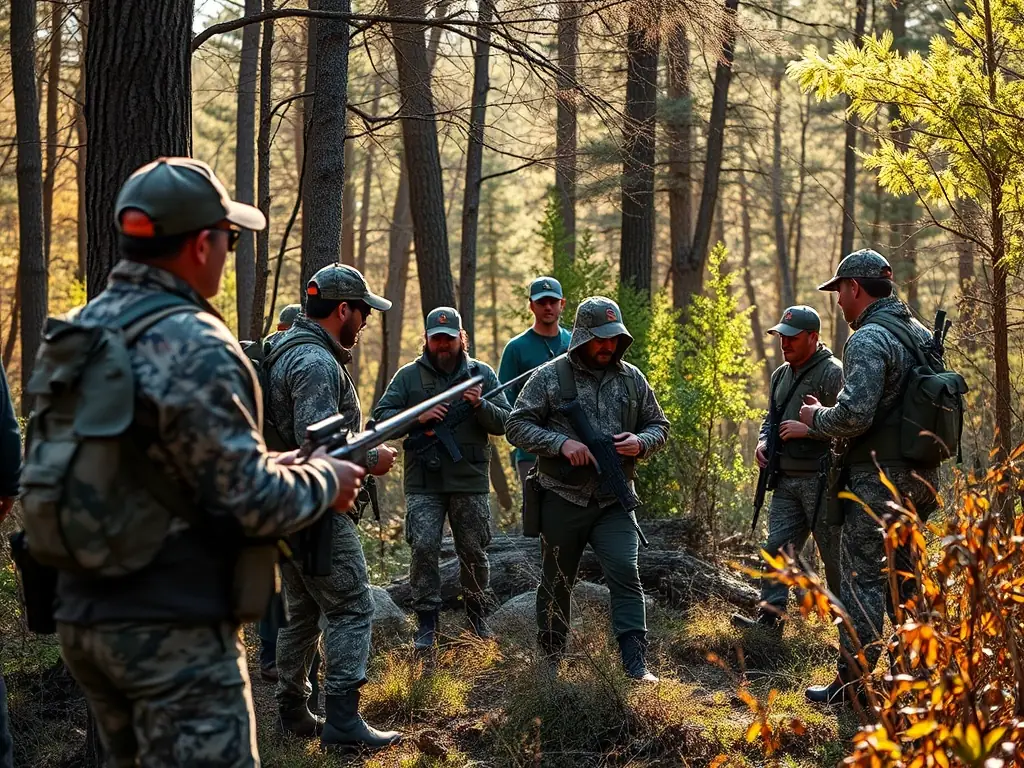 A photograph capturing a group of GCNA members participating in a controlled hunting expedition in the Aubrac region, emphasizing safety and ethical hunting practices.
